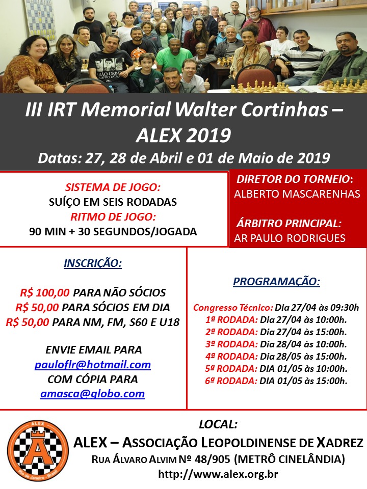 Clube de Xadrez terá torneio durante o mês de maio. Inscrições até 27/04