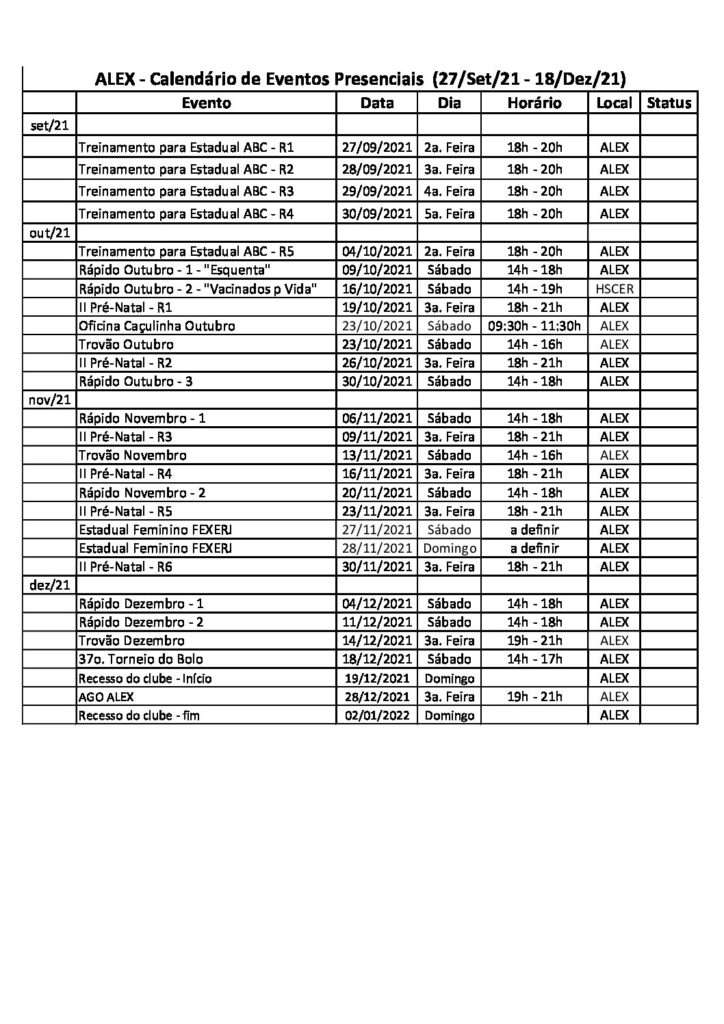 Calendário de Xadrez para 2021