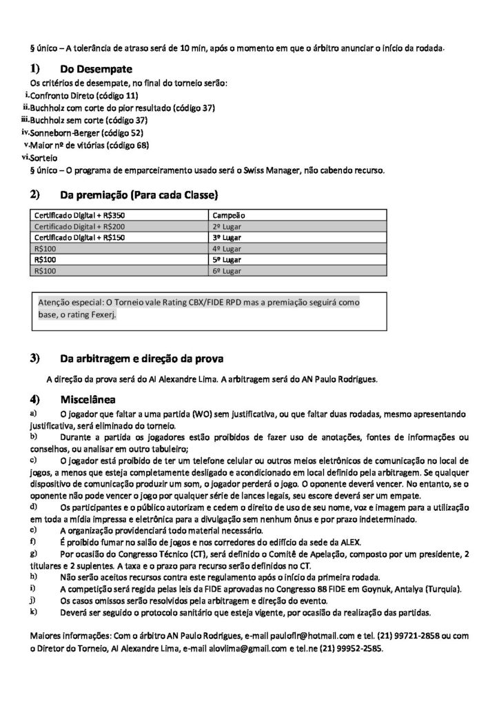 Um exemplo de um regulamento de um torneio.